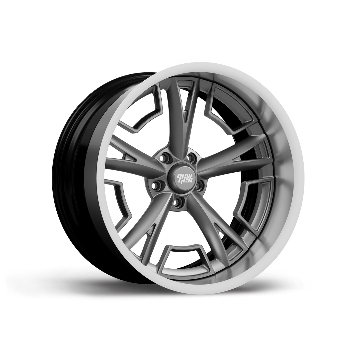 NEWGEN SPLITTER BELAIR forged 3-piece wheel, three-quarter view, satin gunmetal center with polished lip