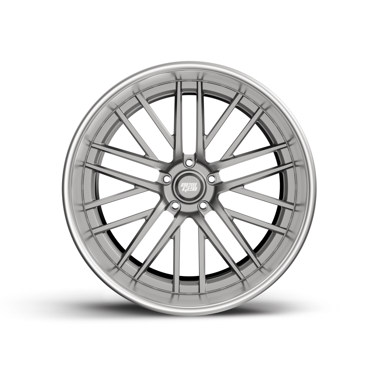 NEWGEN BLAZER forged 3-piece mesh wheel, front view, satin gunmetal center with polished step lip
