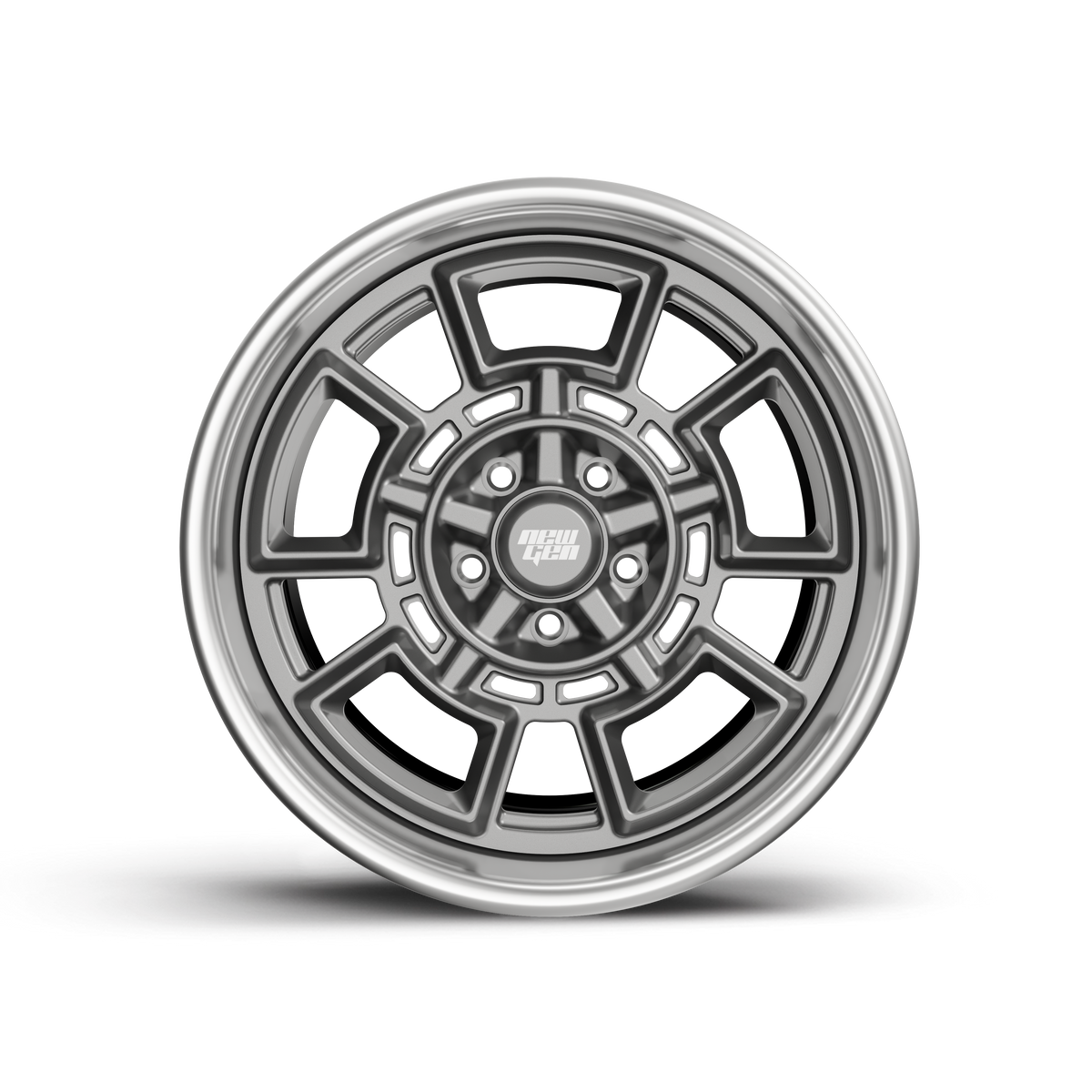 NEWGEN NOVA forged 3-piece retro wheel, front view, satin gunmetal center with polished lip