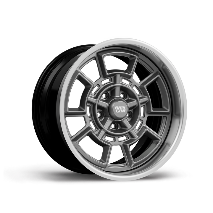 NEWGEN NOVA forged 3-piece retro wheel, three-quarter view, satin gunmetal center with polished lip