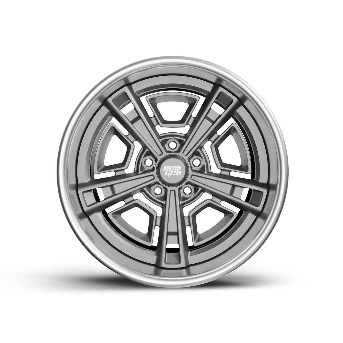 NEWGEN SS forged 3-piece five spoke wheel, front view, satin gunmetal center with polished lip