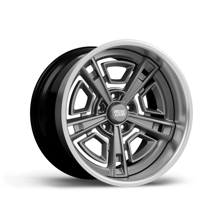 NEWGEN SS forged 3-piece five spoke wheel, three-quarter view, satin gunmetal center with polished lip